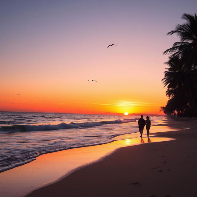 A stunning sunset over a peaceful beach, with vivid orange and pink hues reflecting on the water