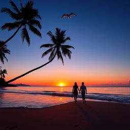 A stunning sunset over a peaceful beach, with vivid orange and pink hues reflecting on the water