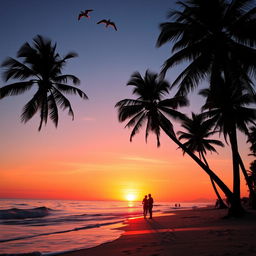 A stunning sunset over a peaceful beach, with vivid orange and pink hues reflecting on the water