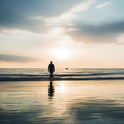 A tranquil scene of a person calmly walking on the surface of the ocean, basking in the serene beauty of the endless sea and sky