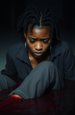 A somber portrayal of a young Black woman dressed in casual pants and a shirt, tears streaming down her face, as she appears to be sinking into a pool of blood