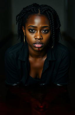 A somber portrayal of a young Black woman dressed in casual pants and a shirt, tears streaming down her face, as she appears to be sinking into a pool of blood