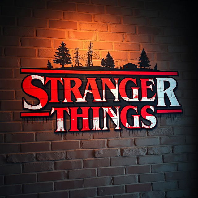 The iconic Stranger Things logo, artistically painted on a weathered brick wall