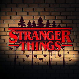 The iconic Stranger Things logo, artistically painted on a weathered brick wall