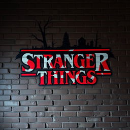 The iconic Stranger Things logo, artistically painted on a weathered brick wall