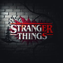 The iconic Stranger Things logo, artistically painted on a weathered brick wall