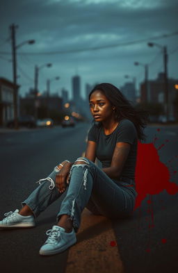 A young black woman dressed in distressed pants and a fitted shirt, sitting in the middle of a deserted street, looking sorrowful and crying