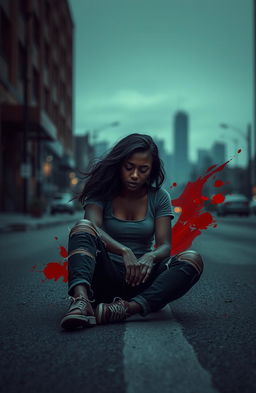 A young black woman dressed in distressed pants and a fitted shirt, sitting in the middle of a deserted street, looking sorrowful and crying