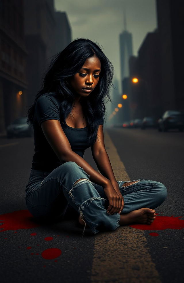 A young black woman dressed in distressed pants and a fitted shirt, sitting in the middle of a deserted street, looking sorrowful and crying