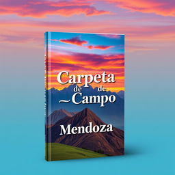 A bright and colorful 2D book cover design showcasing a magnificent mountain range in the background, with an array of colorful skies filled with warm tones of sunset