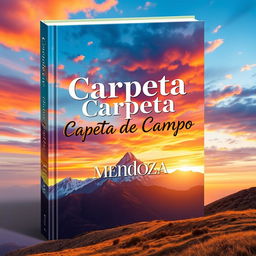 A bright and colorful 2D book cover design showcasing a magnificent mountain range in the background, with an array of colorful skies filled with warm tones of sunset