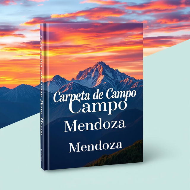 A bright and colorful 2D book cover design showcasing a magnificent mountain range in the background, with an array of colorful skies filled with warm tones of sunset