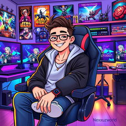 A vibrant and dynamic digital illustration featuring a popular male YouTuber from Nexxuz World seated comfortably in a modern gaming chair