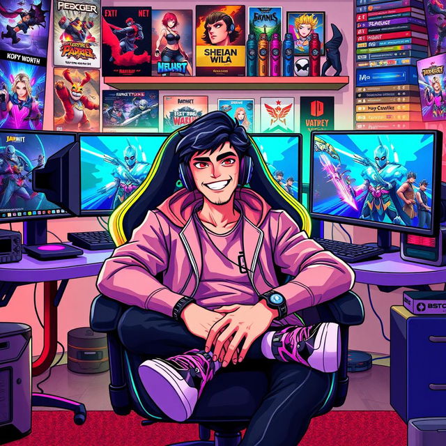 A vibrant and dynamic digital illustration featuring a popular male YouTuber from Nexxuz World seated comfortably in a modern gaming chair