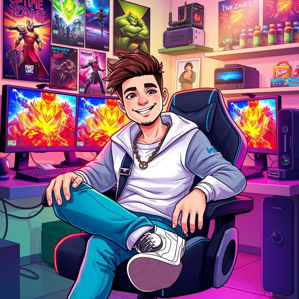 A vibrant and dynamic digital illustration featuring a popular male YouTuber from Nexxuz World seated comfortably in a modern gaming chair