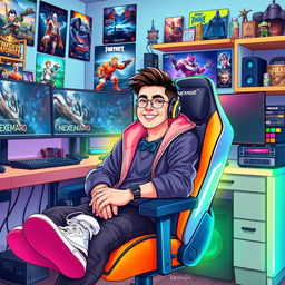 A vibrant and dynamic digital illustration featuring a popular male YouTuber from Nexxuz World seated comfortably in a modern gaming chair
