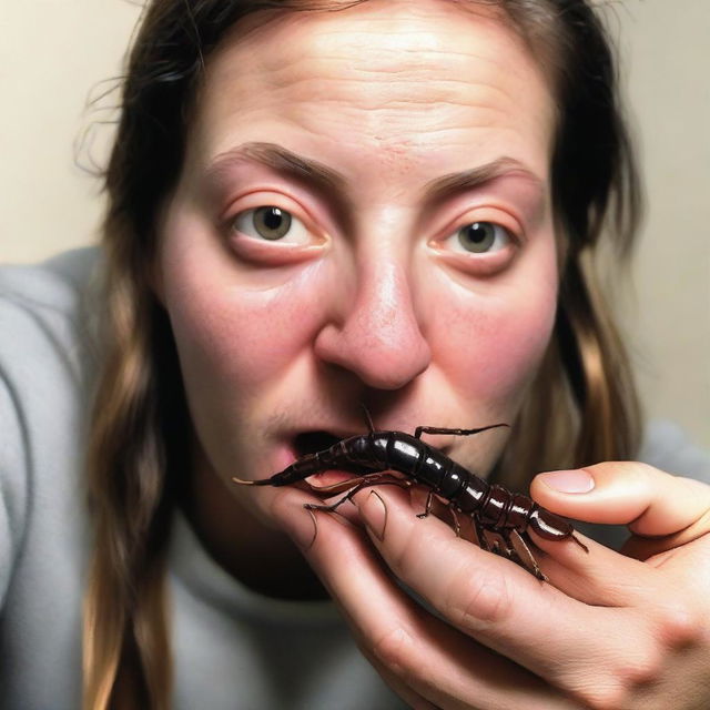 A gripping image of an individual partaking in the fearless act of eating a live centipede, immediate reaction visible on their face