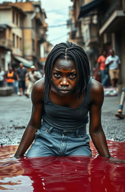 A young black woman dressed in casual pants and a fitted shirt, tears streaming down her face as she appears to be sinking into a pool of red liquid, surrounded by a gritty urban environment