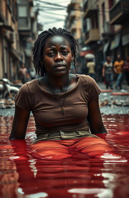 A young black woman dressed in casual pants and a fitted shirt, tears streaming down her face as she appears to be sinking into a pool of red liquid, surrounded by a gritty urban environment