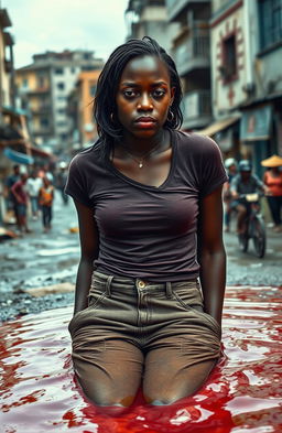 A young black woman dressed in casual pants and a fitted shirt, tears streaming down her face as she appears to be sinking into a pool of red liquid, surrounded by a gritty urban environment