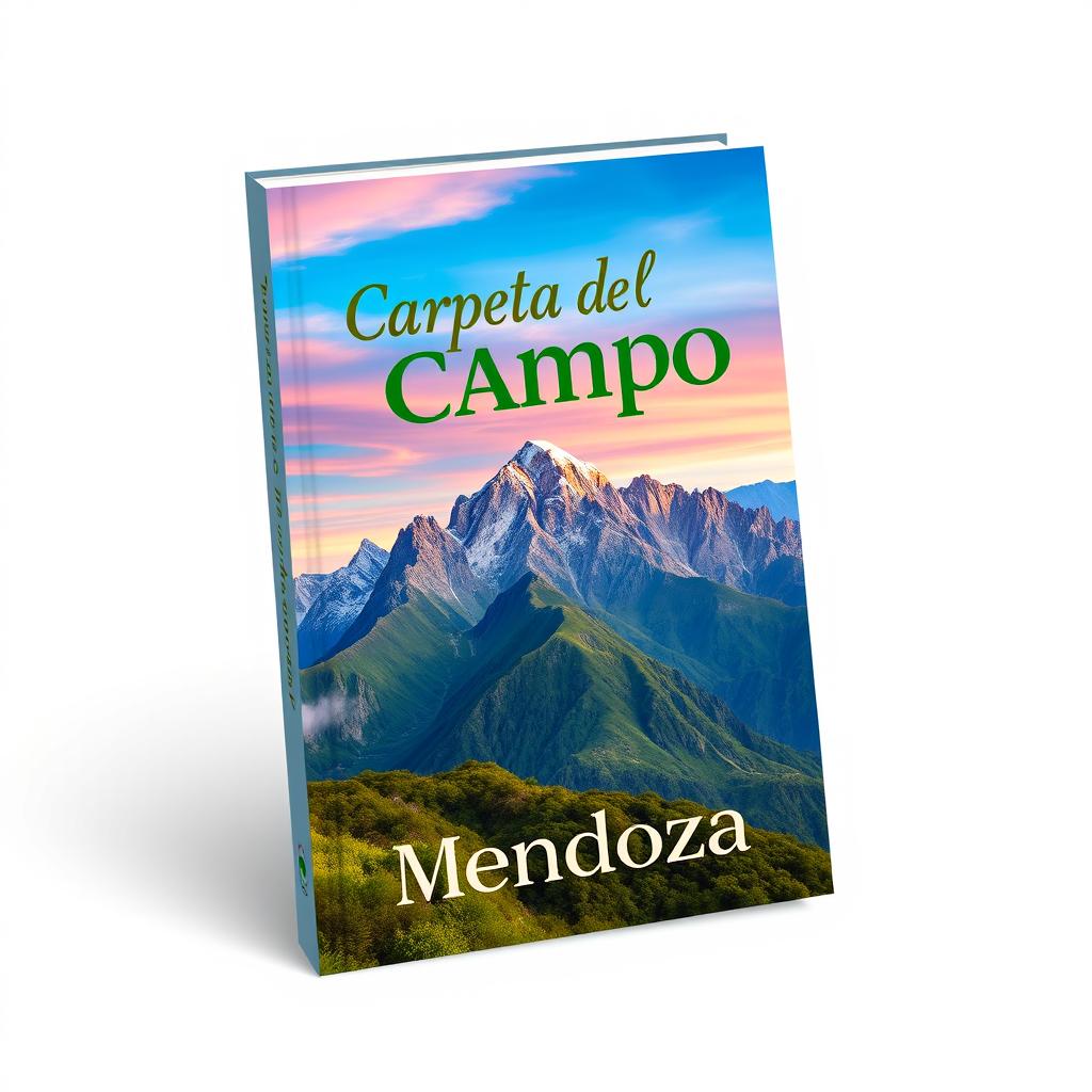 A vibrant 2D book cover showcasing a breathtaking mountain range in the background, adorned with lush greenery and a colorful sky featuring gradients of blue, pink, and orange