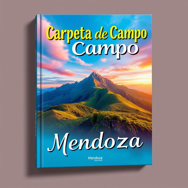 A vibrant 2D book cover showcasing a breathtaking mountain range in the background, adorned with lush greenery and a colorful sky featuring gradients of blue, pink, and orange