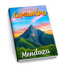 A vibrant 2D book cover showcasing a breathtaking mountain range in the background, adorned with lush greenery and a colorful sky featuring gradients of blue, pink, and orange