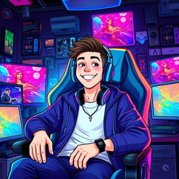 A vibrant and engaging digital illustration of a male YouTuber from Nexxuz World, seated in a high-tech gaming chair