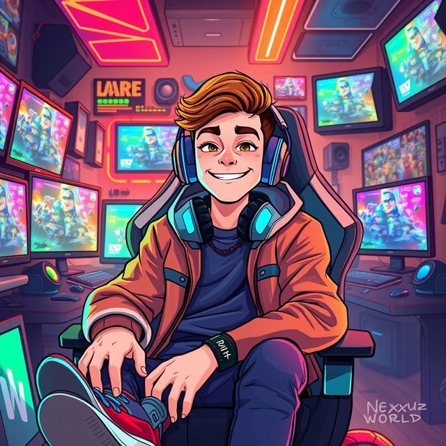 A vibrant and engaging digital illustration of a male YouTuber from Nexxuz World, seated in a high-tech gaming chair