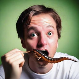 A gripping image of an individual partaking in the fearless act of eating a live centipede, immediate reaction visible on their face