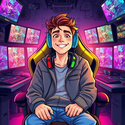 A vibrant and engaging digital illustration of a male YouTuber from Nexxuz World, seated in a high-tech gaming chair