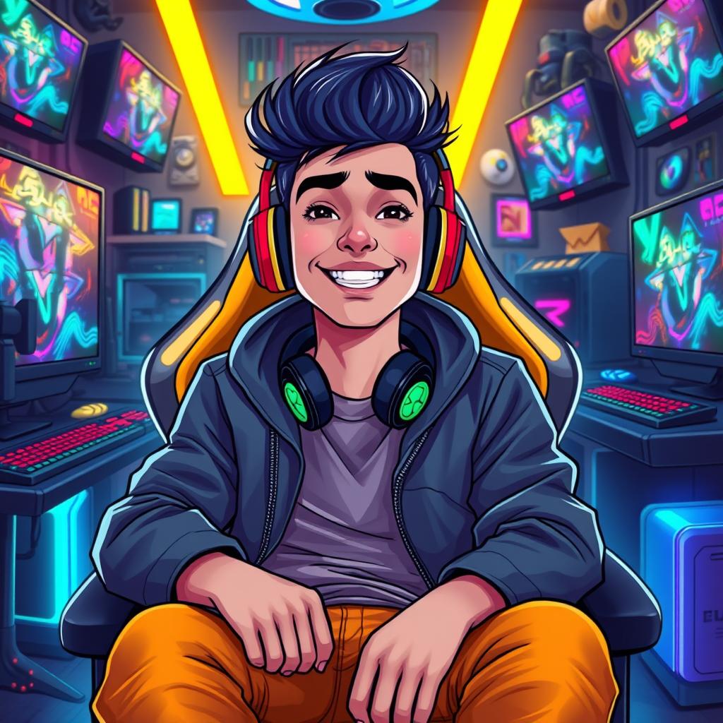 A vibrant and engaging digital illustration of a male YouTuber from Nexxuz World, seated in a high-tech gaming chair