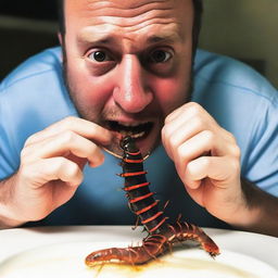 A gripping image of an individual partaking in the fearless act of eating a live centipede, immediate reaction visible on their face