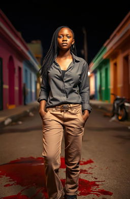 A young black woman dressed in casual pants and a stylish shirt, tears streaming down her face, standing in the middle of a street in Port-au-Prince, with a somber expression