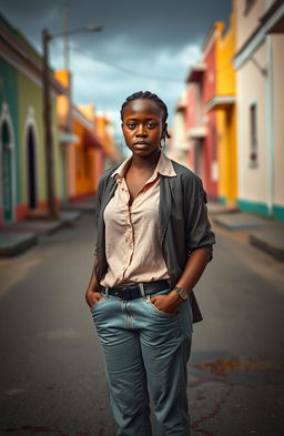A young black woman dressed in casual pants and a stylish shirt, tears streaming down her face, standing in the middle of a street in Port-au-Prince, with a somber expression