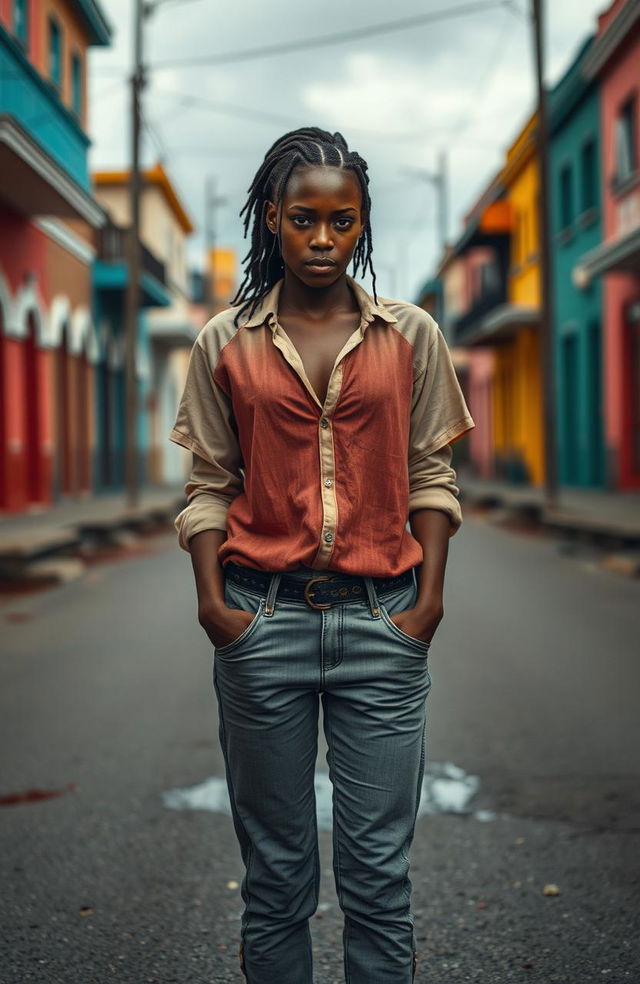 A young black woman dressed in casual pants and a stylish shirt, tears streaming down her face, standing in the middle of a street in Port-au-Prince, with a somber expression