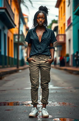A young black woman dressed in casual pants and a stylish shirt, tears streaming down her face, standing in the middle of a street in Port-au-Prince, with a somber expression