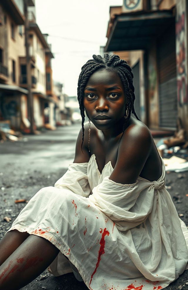 A young black woman with tears streaming down her face, sitting on the gritty street of Port-au-Prince, surrounded by a chaotic urban landscape