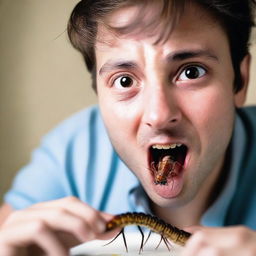 A gripping image of an individual partaking in the fearless act of eating a live centipede, immediate reaction visible on their face