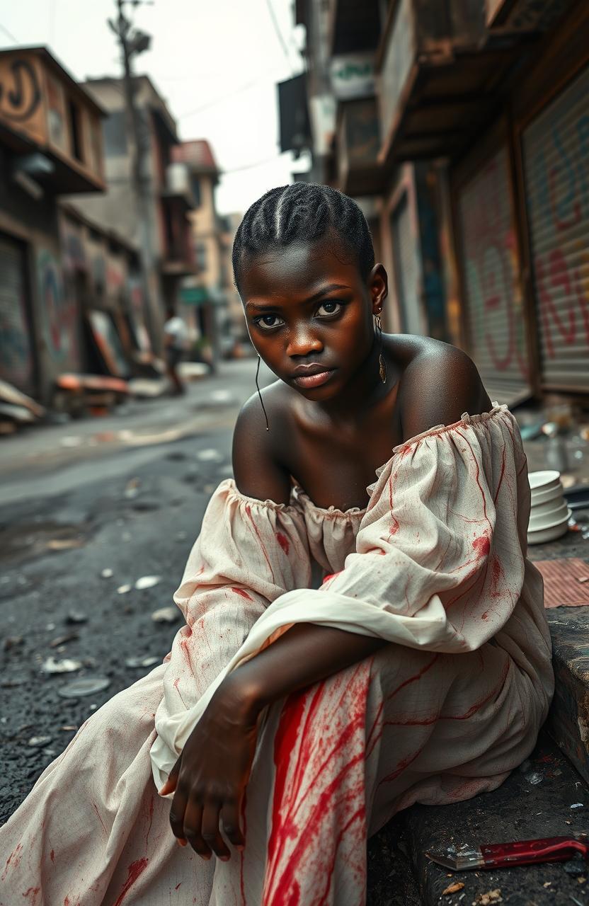 A young black woman with tears streaming down her face, sitting on the gritty street of Port-au-Prince, surrounded by a chaotic urban landscape