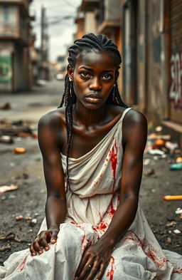 A young black woman with tears streaming down her face, sitting on the gritty street of Port-au-Prince, surrounded by a chaotic urban landscape