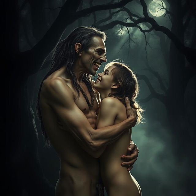 In a dark, mystical woods, a tall, emaciated man with long hair, featuring a toothless smile and an open mouth, embraces a shorter young man with long hair