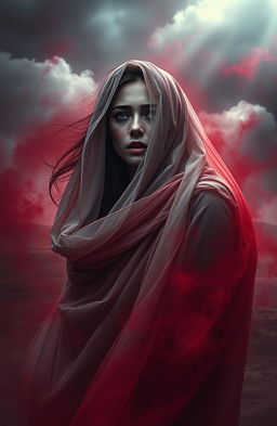 A dramatic and intense scene featuring a young woman surrounded by an ethereal mist, with deep crimson hues symbolizing blood