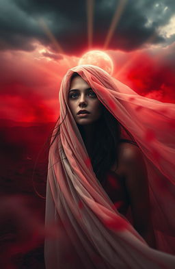 A dramatic and intense scene featuring a young woman surrounded by an ethereal mist, with deep crimson hues symbolizing blood