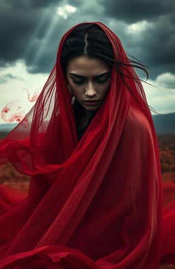 A dramatic and intense scene featuring a young woman surrounded by an ethereal mist, with deep crimson hues symbolizing blood