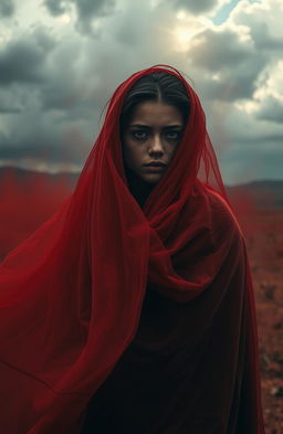 A dramatic and intense scene featuring a young woman surrounded by an ethereal mist, with deep crimson hues symbolizing blood