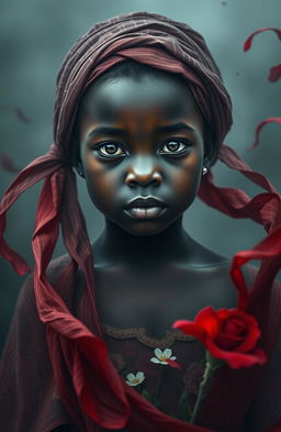A haunting artistic representation of a young Haitian girl with an ethereal beauty, surrounded by a dramatic scene, depicting her with a traditional Haitian voilé (head-wrap) that juxtaposes her innocence with a somber atmosphere