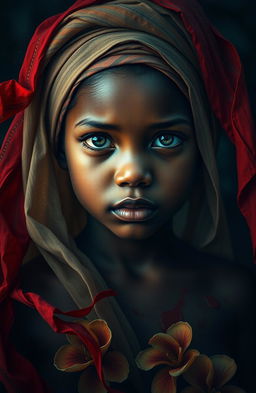 A haunting artistic representation of a young Haitian girl with an ethereal beauty, surrounded by a dramatic scene, depicting her with a traditional Haitian voilé (head-wrap) that juxtaposes her innocence with a somber atmosphere