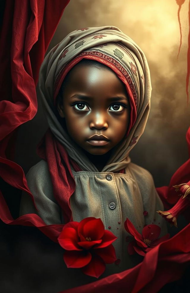 A haunting artistic representation of a young Haitian girl with an ethereal beauty, surrounded by a dramatic scene, depicting her with a traditional Haitian voilé (head-wrap) that juxtaposes her innocence with a somber atmosphere