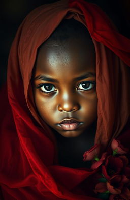 A haunting artistic representation of a young Haitian girl with an ethereal beauty, surrounded by a dramatic scene, depicting her with a traditional Haitian voilé (head-wrap) that juxtaposes her innocence with a somber atmosphere